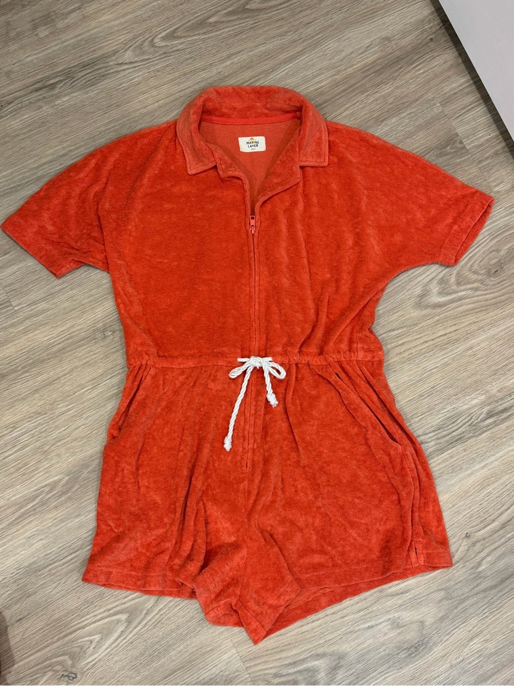 Marine Layer Coral-Orange Terry Short Sleeve Romper with Drawstring